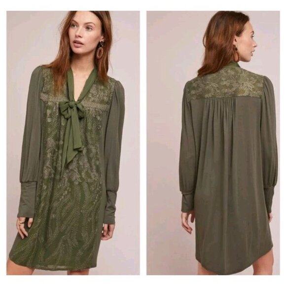 TINY Anthropologie Isla Embroidered Tunic Dress Long Sleeve Tie Neck Green XL - Picture 1 of 11